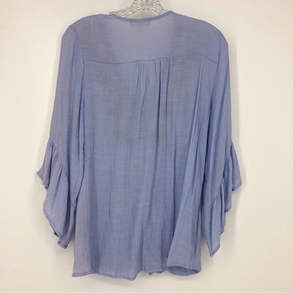 Entro Blue Floral Embroidered Cross Front Ruffle Sleeve Lightweight Blouse - Picture 5 of 6